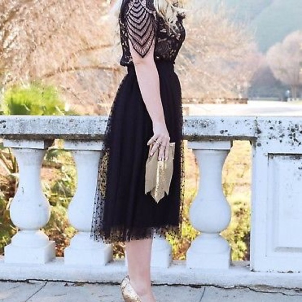 LC Lauren Conrad Black Flocked Tulle Midi Skirt - Picture 5 of 8
